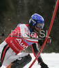 Fourth placed Jean-Baptiste Grange of France  skiing in second run of men slalom World Cup race in Kranjska Gora, Slovenia. Slalom race of Men FIS Alpine skiing World Cup was held in Kranjska Gora, Slovenia, on 9th of March 2008.
