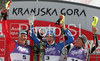 Winner Manfred Moelgg of Italy  (M), second placed Ivica Kostelic of Croatia  (L) and third placed Marcel Hirscher of Austria  (R) celebrate their medals won in men slalom World Cup race in Kranjska Gora, Slovenia. Slalom race of Men FIS Alpine skiing World Cup was held in Kranjska Gora, Slovenia, on 9th of March 2008.
