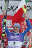 Winner Manfred Moelgg of Italy  (M), second placed Ivica Kostelic of Croatia  (L) and third placed Marcel Hirscher of Austria  (R) celebrate their medals won in men slalom World Cup race in Kranjska Gora, Slovenia. Slalom race of Men FIS Alpine skiing World Cup was held in Kranjska Gora, Slovenia, on 9th of March 2008.
