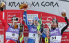 Winner Manfred Moelgg of Italy  (M), second placed Ivica Kostelic of Croatia  (L) and third placed Marcel Hirscher of Austria  (R) celebrate their medals won in men slalom World Cup race in Kranjska Gora, Slovenia. Slalom race of Men FIS Alpine skiing World Cup was held in Kranjska Gora, Slovenia, on 9th of March 2008.
