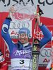 Winner Manfred Moelgg of Italy celebrates his victory in men slalom World Cup race in Kranjska Gora, Slovenia. Slalom race of Men FIS Alpine skiing World Cup was held in Kranjska Gora, Slovenia, on 9th of March 2008.
