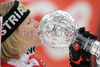 Marlies Schild of Austria kisses the crystal ball trophy of the womens slalom discipline title at the alpine ski World Cup finals in Bormio, Italy, Friday, March 14, 2008.

