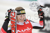 Marlies Schild of Austria lifts the crystal ball trophy of the womens slalom discipline title at the alpine ski World Cup finals in Bormio, Italy, Friday, March 14, 2008.
