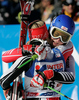 Winner Kathrin Zettel of Austria (R) accepts congratulations from third placed Andrea Fischbacher of Austria (L) in finish of second run of Women giant slalom Audi FIS Ski World Cup 2008-09 opening race. First race of Women Audi FIS Ski World Cup season 2008-09 was held on Saturday, 25th of October 2008 in Soelden, Austria.
