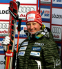 Leading after first run Tanja Poutiainen of Finland reacts in finish of first run of Women giant slalom Audi FIS Ski World Cup 2008-09 opening race. First race of Women Audi FIS Ski World Cup season 2008-09 was held on Saturday, 25th of October 2008 in Soelden, Austria.

