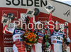 Winner Kathrin Zettel of Austria (M), second placed Tanja Poutiainen of Finland (L) and third placed Andrea Fischbacher of Austria (R) celebrates their medals won in Women giant slalom Audi FIS Ski World Cup 2008-09 opening race. First race of Women Audi FIS Ski World Cup season 2008-09 was held on Saturday, 25th of October 2008 in Soelden, Austria.
