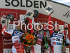 Winner Kathrin Zettel of Austria (M), second placed Tanja Poutiainen of Finland (L) and third placed Andrea Fischbacher of Austria (R) celebrates their medals won in Women giant slalom Audi FIS Ski World Cup 2008-09 opening race. First race of Women Audi FIS Ski World Cup season 2008-09 was held on Saturday, 25th of October 2008 in Soelden, Austria.
