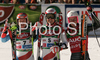 Winner Daniel Albrecht of Switzerland (M), second placed Didier Cuche of Switzerland (L) and third placed Ted Ligety of USA (R) celebrate their medals won in Men giant slalom Audi FIS Ski World Cup 2008-09 opening race. First race of Men Audi FIS Ski World Cup season 2008-09 was held on Sunday, 26th of October 2008 in Soelden, Austria.
