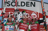 Winner Daniel Albrecht of Switzerland (M), second placed Didier Cuche of Switzerland (L) and third placed Ted Ligety of USA (R) celebrate their medals won in Men giant slalom Audi FIS Ski World Cup 2008-09 opening race. First race of Men Audi FIS Ski World Cup season 2008-09 was held on Sunday, 26th of October 2008 in Soelden, Austria.
