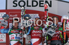 Winner Daniel Albrecht of Switzerland (M), second placed Didier Cuche of Switzerland (L) and third placed Ted Ligety of USA (R) celebrate their medals won in Men giant slalom Audi FIS Ski World Cup 2008-09 opening race. First race of Men Audi FIS Ski World Cup season 2008-09 was held on Sunday, 26th of October 2008 in Soelden, Austria.
