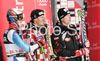 Winner Daniel Albrecht of Switzerland (L), second placed Ivica Kostelic of Croatia (M) and third placed Hannes Reichelt of Austria (R)  waiting in finish for second run of leader after first run, Didier Cuche of Switzerland in Alta Badia Men giant slalom race of Audi FIS Ski World Cup 2008-09. Giant slalom race of Men Audi FIS Ski World Cup 2008-09 was traditionally held on Gran Risa course in Alta Badia, Italy, on Sunday, 21st of December 2008.
