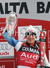 Winner Daniel Albrecht of Switzerland celebrates his medal won in Alta Badia Men giant slalom race of Audi FIS Ski World Cup 2008-09. Giant slalom race of Men Audi FIS Ski World Cup 2008-09 was traditionally held on Gran Risa course in Alta Badia, Italy, on Sunday, 21st of December 2008.
