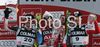 Winner Daniel Albrecht of Switzerland (M), second placed Ivica Kostelic of Croatia (L) and third placed Hannes Reichelt of Austria (R) celebrate their medals won in Alta Badia Men giant slalom race of Audi FIS Ski World Cup 2008-09. Giant slalom race of Men Audi FIS Ski World Cup 2008-09 was traditionally held on Gran Risa course in Alta Badia, Italy, on Sunday, 21st of December 2008.
