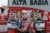 Winner Daniel Albrecht of Switzerland (M), second placed Ivica Kostelic of Croatia (L) and third placed Hannes Reichelt of Austria (R) celebrate their medals won in Alta Badia Men giant slalom race of Audi FIS Ski World Cup 2008-09. Giant slalom race of Men Audi FIS Ski World Cup 2008-09 was traditionally held on Gran Risa course in Alta Badia, Italy, on Sunday, 21st of December 2008.
