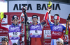 From left third placed Benjamin Raich of Austria, winner Ivica Kostelic of Croatia and second placed Jean-Baptiste Grange of France celebrate on the podium after the mens alpine ski World Cup Slalom race in Alta Badia, Italy, Monday, December 22, 2008.
