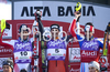 From left third placed Benjamin Raich of Austria, winner Ivica Kostelic of Croatia and second placed Jean-Baptiste Grange of France celebrate on the podium after the mens alpine ski World Cup Slalom race in Alta Badia, Italy, Monday, December 22, 2008.
