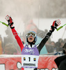 Winner Kathrin Zettel of Austria reacts in finish of second run of Semmering women giant slalom race of Audi FIS Ski World Cup 2008-09. Giant slalom race of Women Audi FIS Ski World Cup 2008-09 was held Semmering, Austria, on Sunday, 28th of December 2008.
