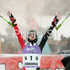 Winner Kathrin Zettel of Austria reacts in finish of second run of Semmering women giant slalom race of Audi FIS Ski World Cup 2008-09. Giant slalom race of Women Audi FIS Ski World Cup 2008-09 was held Semmering, Austria, on Sunday, 28th of December 2008.
