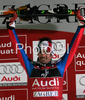 Winner Jean-Baptiste Grange of France celebrates his medal won in Zagreb men slalom race of Audi FIS Ski World Cup 2008-09. Slalom race of Men Audi FIS Ski World Cup 2008-09 was held on Sljeme above Zagreb, Croatia, on Tuesday, 6th of January 2009.
