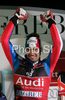 Winner Jean-Baptiste Grange of France celebrates his medal won in Zagreb men slalom race of Audi FIS Ski World Cup 2008-09. Slalom race of Men Audi FIS Ski World Cup 2008-09 was held on Sljeme above Zagreb, Croatia, on Tuesday, 6th of January 2009.
