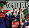 Winner Jean-Baptiste Grange of France celebrates his medal won in Zagreb men slalom race of Audi FIS Ski World Cup 2008-09. Slalom race of Men Audi FIS Ski World Cup 2008-09 was held on Sljeme above Zagreb, Croatia, on Tuesday, 6th of January 2009.
