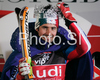 Winner Jean-Baptiste Grange of France celebrates his medal won in Zagreb men slalom race of Audi FIS Ski World Cup 2008-09. Slalom race of Men Audi FIS Ski World Cup 2008-09 was held on Sljeme above Zagreb, Croatia, on Tuesday, 6th of January 2009.
