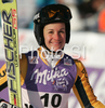 Third placed Kathrin Hoelzl of Germany reacts in finish of second run of Maribor women giant slalom race of Audi FIS Ski World Cup 2008-09. Giant slalom race of Women Audi FIS Ski World Cup 2008-09 was held in Maribor, Slovenia on Saturday, 10th of January 2009.
