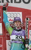 Winner Tina Maze of Slovenia celebrates her medal won in  Maribor women giant slalom race of Audi FIS Ski World Cup 2008-09. Giant slalom race of Women Audi FIS Ski World Cup 2008-09 was held in Maribor, Slovenia on Saturday, 10th of January 2009.
