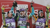 Winner Tina Maze of Slovenia (M) second placed Denise Karbon of Italy (L) and third placed Kathrin Hoelzl of Germany (R) celebrate their medals won in  Maribor women giant slalom race of Audi FIS Ski World Cup 2008-09. Giant slalom race of Women Audi FIS Ski World Cup 2008-09 was held in Maribor, Slovenia on Saturday, 10th of January 2009.
