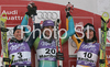 Winner Tina Maze of Slovenia (M) second placed Denise Karbon of Italy (L) and third placed Kathrin Hoelzl of Germany (R) celebrate their medals won in  Maribor women giant slalom race of Audi FIS Ski World Cup 2008-09. Giant slalom race of Women Audi FIS Ski World Cup 2008-09 was held in Maribor, Slovenia on Saturday, 10th of January 2009.
