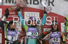 Winner Tina Maze of Slovenia (M) second placed Denise Karbon of Italy (L) and third placed Kathrin Hoelzl of Germany (R) celebrate their medals won in  Maribor women giant slalom race of Audi FIS Ski World Cup 2008-09. Giant slalom race of Women Audi FIS Ski World Cup 2008-09 was held in Maribor, Slovenia on Saturday, 10th of January 2009.
