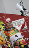 Third placed Tanja Poutiainen of Finland celebrate her medal won in of Maribor women slalom race of Audi FIS Ski World Cup 2008-09. Slalom race of Women Audi FIS Ski World Cup 2008-09 was held in Maribor, Slovenia on Sunday, 11th of January 2009.
