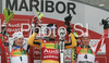 Winner Maria Riesch of Germany (M), second placed Kathrin Zettel of Austria (L) and third placed Tanja Poutiainen of Finland (R) celebrate their medals won in of Maribor women slalom race of Audi FIS Ski World Cup 2008-09. Slalom race of Women Audi FIS Ski World Cup 2008-09 was held in Maribor, Slovenia on Sunday, 11th of January 2009.
