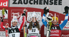 Winner Lindsey Vonn of USA (M), second placed Kathrin Zettel of Austria (L) and third placed Anja Paerson of Sweden (R) celebrates their medals won in Zauchenee women super combined race of Audi FIS Ski World Cup 2008-09. Downhill part of super combined race of Women Audi FIS Ski World Cup 2008-09 was held in Zauchensee, Austria on Saturday, 17th of January 2009.
