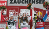 Winner Lindsey Vonn of USA (M), second placed Kathrin Zettel of Austria (L) and third placed Anja Paerson of Sweden (R) celebrates their medals won in Zauchenee women super combined race of Audi FIS Ski World Cup 2008-09. Downhill part of super combined race of Women Audi FIS Ski World Cup 2008-09 was held in Zauchensee, Austria on Saturday, 17th of January 2009.
