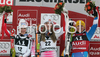 Winner Lindsey Vonn of USA (M), second placed Kathrin Zettel of Austria (L) and third placed Anja Paerson of Sweden (R) celebrates their medals won in Zauchenee women super combined race of Audi FIS Ski World Cup 2008-09. Downhill part of super combined race of Women Audi FIS Ski World Cup 2008-09 was held in Zauchensee, Austria on Saturday, 17th of January 2009.
