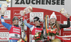 Winners Anja Paerson of Sweden (L) and Dominique Gisin of Switzerland (M) and third placed Lindsey Vonn of USA (R) celebrates their medals won in Women downhill race of Zauchenee Audi FIS Ski World Cup 2008-09. Downhill race of Women Audi FIS Ski World Cup 2008-09 was held in Zauchensee, Austria on Sunday, 18th of January 2009.
