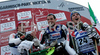 Members of Italian team with winner Manfred Moelgg of Italy (L), second placed Giorgio Rocca of Italy (M) and eight placed Giuliano Razzoli of Italy (R) celebrate their success in  Men slalom race of Garmisch-Partenkirchen Audi FIS Ski World Cup 2008-09. Garmisch-Partenkirchen slalom Men Audi FIS Ski World Cup 2008-09 was held in Garmisch-Partenkirchen on Sunday, 1st of February 2009.
