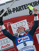 Winner Manfred Moelgg of Italy celebrates his medal won in  Men slalom race of Garmisch-Partenkirchen Audi FIS Ski World Cup 2008-09. Garmisch-Partenkirchen slalom Men Audi FIS Ski World Cup 2008-09 was held in Garmisch-Partenkirchen on Sunday, 1st of February 2009.
