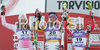 Winner Maria Riesch of Germany (M), second placed Lindsey Vonn of USA (L) and third placed Kathrin Zettel of Austria (R) celebrate their medals won in Women Super combined race of Tarvisio Audi FIS Ski World Cup 2008-09. Super combined race of Women Audi FIS Ski World Cup 2008-09 was held in Tarvisio, Italy on Friday, 20th of February 2009.
