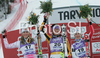 Winner Maria Riesch of Germany (M), second placed Lindsey Vonn of USA (L) and third placed Kathrin Zettel of Austria (R) celebrate their medals won in Women Super combined race of Tarvisio Audi FIS Ski World Cup 2008-09. Super combined race of Women Audi FIS Ski World Cup 2008-09 was held in Tarvisio, Italy on Friday, 20th of February 2009.

