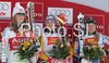 Winner Gina Stechert of Germany (M), second placed Lindsey Vonn of USA (L) and third placed Anja Paerson of Sweden (R) celebrate their medals won in Women Downhill race of Tarvisio Audi FIS Ski World Cup 2008-09. Downhill race of Women Audi FIS Ski World Cup 2008-09 was held in Tarvisio, Italy on Saturdayday, 21st of February 2009.
