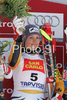 Winner Gina Stechert of Germany celebrates her medal won in Women Downhill race of Tarvisio Audi FIS Ski World Cup 2008-09. Downhill race of Women Audi FIS Ski World Cup 2008-09 was held in Tarvisio, Italy on Saturdayday, 21st of February 2009.
