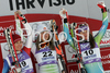 Winner Lindsey Vonn of USA (M), second placed Fabienne Suter of Switzerland (L) and third placed Tina Maze of Slovenia (R) celebrate their medals won in Women Super-G race of Tarvisio Audi FIS Ski World Cup 2008-09. Downhill race of Women Audi FIS Ski World Cup 2008-09 was held in Tarvisio, Italy on Sunday, 22nd of February 2009.
