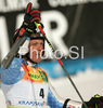 Third placed Massimiliano Blardone of Italy reacts in finish of second run of Men giant slalom race of Kranjska Gora Audi FIS Ski World Cup 2008-09. Giant slalom race of Men Audi FIS Ski World Cup 2008-09 was held in Kranjska Gora, Slovenia, on Saturday, 28th of February 2009.
