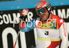 Second placed Didier Cuche of Switzerland reacts in finish of second run of Men giant slalom race of Kranjska Gora Audi FIS Ski World Cup 2008-09. Giant slalom race of Men Audi FIS Ski World Cup 2008-09 was held in Kranjska Gora, Slovenia, on Saturday, 28th of February 2009.
