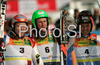 Winner Ted Ligety of USA (M), second placed Didier Cuche of Switzerland (L) and third placed Massimiliano Blardone of Italy (R) celebrate their medals in finish of second run of Men giant slalom race of Kranjska Gora Audi FIS Ski World Cup 2008-09. Giant slalom race of Men Audi FIS Ski World Cup 2008-09 was held in Kranjska Gora, Slovenia, on Saturday, 28th of February 2009.
