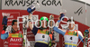 Winner Ted Ligety of USA (M), second placed Didier Cuche of Switzerland (L) and third placed Massimiliano Blardone of Italy (R) celebrate their medals won in Men giant slalom race of Kranjska Gora Audi FIS Ski World Cup 2008-09. Giant slalom race of Men Audi FIS Ski World Cup 2008-09 was held in Kranjska Gora, Slovenia, on Saturday, 28th of February 2009.
