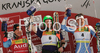 Winner Ted Ligety of USA (M), second placed Didier Cuche of Switzerland (L) and third placed Massimiliano Blardone of Italy (R) celebrate their medals won in Men giant slalom race of Kranjska Gora Audi FIS Ski World Cup 2008-09. Giant slalom race of Men Audi FIS Ski World Cup 2008-09 was held in Kranjska Gora, Slovenia, on Saturday, 28th of February 2009.
