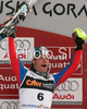 Winner Julien Lizeroux of France celebrates his medal won in Men slalom race of Kranjska Gora Audi FIS Ski World Cup 2008-09. Slalom race of Men Audi FIS Ski World Cup 2008-09 was held in Kranjska Gora, Slovenia, on Sunday, 1st of March 2009.
